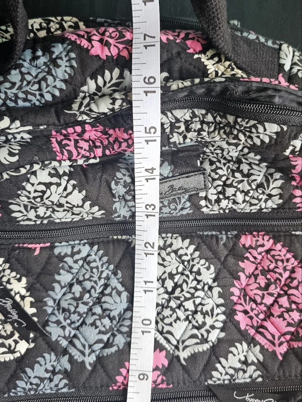 Vera Bradley Black Quilted Backpack with Pink & Gray Leaf Print OS